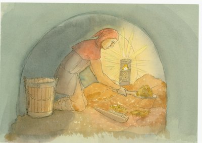 Un gongfermour médiéval, ou fermier de gong, au travail, 2004 - Judith Dobie