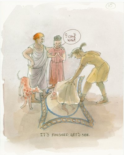 Le maître artisan révélant le sol en mosaïque à Marcus et Julia, 2003 - Judith Dobie