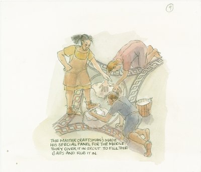Deux ouvriers jointant un panneau de sol fabriqué et supervisé par le maître artisan, 2003 - Judith Dobie