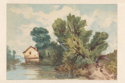 Paysage avec promeneur et maison au bord de l
