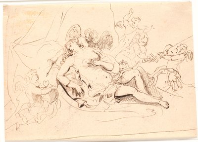 Vénus reposante, entourée de six putti jouant avec une épée, une flèche et un cœur - Jürgen Ovens