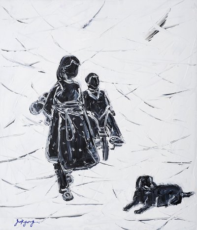 Des enfants promènent un chien - Jukyong Park