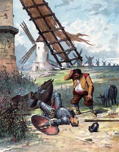 Don Quichotte a combattu des moulins à vent et est tombé de son cheval, Sancho Panza regardant son maître, illustration du livre de Miguel de Cervantes "Histoire de Don Quichotte", gravure d