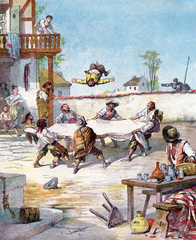 Dans une auberge, Sancho Panza est malmené, il appelle son maître Don Quichotte à l