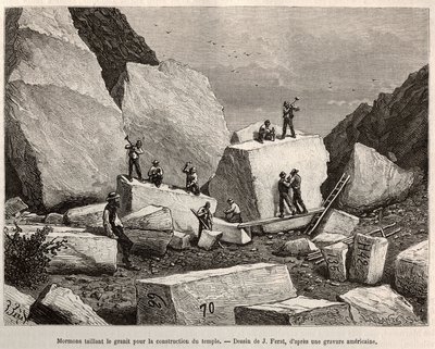 Mormons taillant du granit pour la construction du temple. Gravure d
