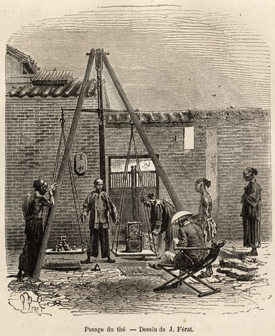 La pesée du thé avant son expédition sur les marchés commerciaux dans une usine de poudre à canon à Fati Bay (province de Canton), gravé d