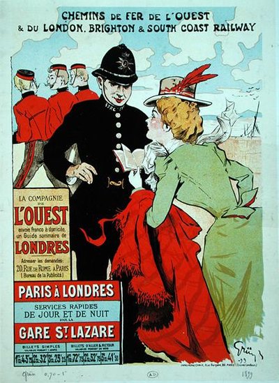 Affiche publicitaire pour les services de train de Paris à Londres pour la Compagnie des Chemins de Fer de l