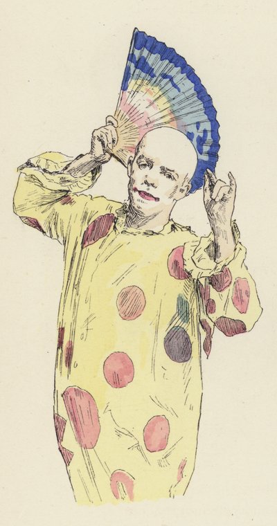 Clown tenant un éventail (lithographie en couleur) - Jules Arsene (after) Garnier