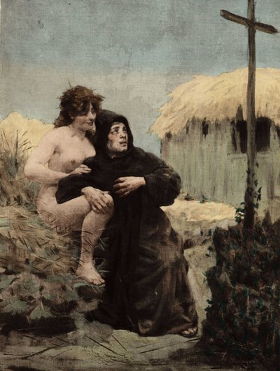 Un ermite de la Thébaïde et une femme devant une croix. Pantagruel. Illustration de Jules Garnier. Dans "Rabelais et l
