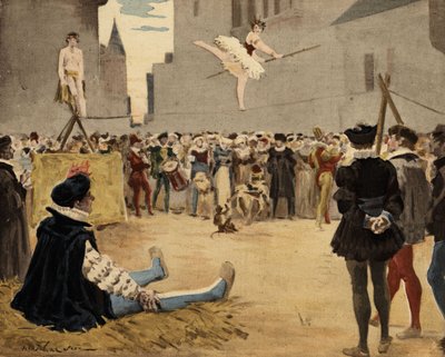 Musiciens et funambules se produisant dans la rue sous le regard de Gargantua (assis, à gauche). Gargantua. Illustration de Jules Garnier. Dans "Rabelais et l