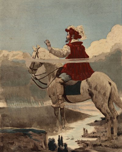 Pantagruel sur son cheval observant son armée sous la pluie. Pays des Dipsodes. Pantagruel. Illustration de Jules Garnier. Dans "Rabelais et l