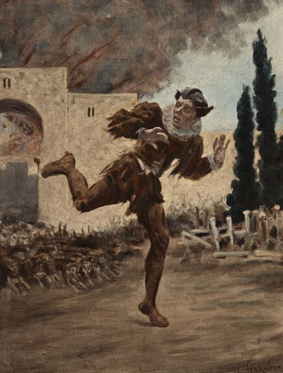 Panurge poursuivi par une meute de chiens fuyant la ville en feu de Mytilène (Turquie). Pantagruel. Illustration de Jules Garnier. Dans "Rabelais et l