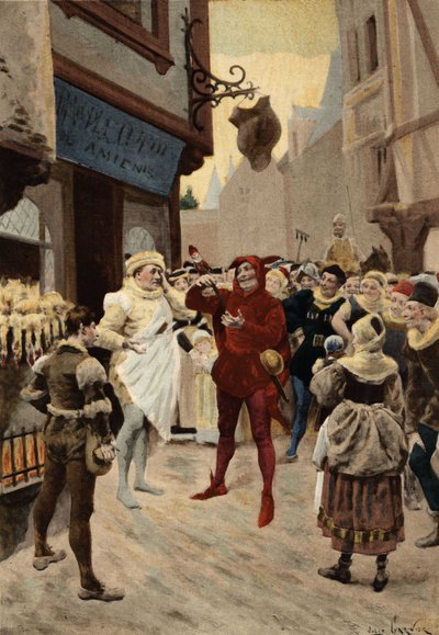 Paris, Roustissoir du Peer Chatelet. Conflit entre un employé et un homme accusé de ne pas avoir payé son repas. Pantagruel. Illustration de Jules Garnier. Dans "Rabelais et l