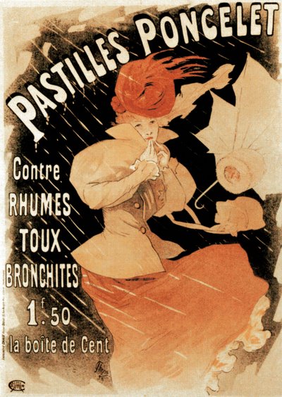 Affiche publicitaire pour les Pastilles Poncelet, remède contre le rhume et la bronchite, 1896 - Jules Cheret