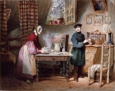 Économie. Jeune couple dans une maison : la femme met une gorgée sur la table et l