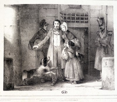 Homme quittant la prison et retrouvé avec sa famille, vers 1830. - Jules David