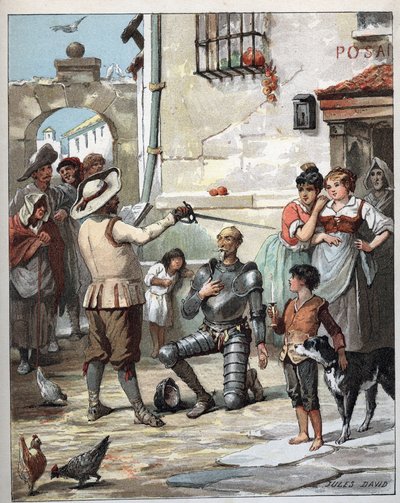 Don Quichotte devenant chevalier - Illustration de Jules David (1808-1892) dans Histoire de Don Quichotte - 1887 - par Miguel de Cervantes Saavedra (1547-1616) - Jules David