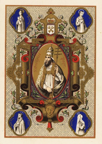 Portrait de Saint Grégoire, Pape Grégoire I, avec trirègne ou triple couronne, et férule papale, dans une bordure décorative - Jules Desportes