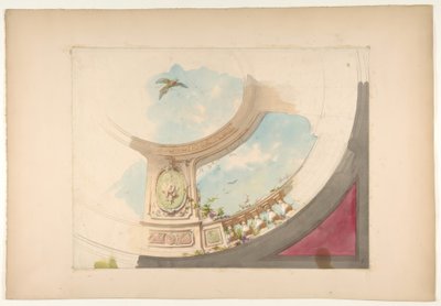 Conception pour un plafond avec une balustrade et un ciel en trompe-l