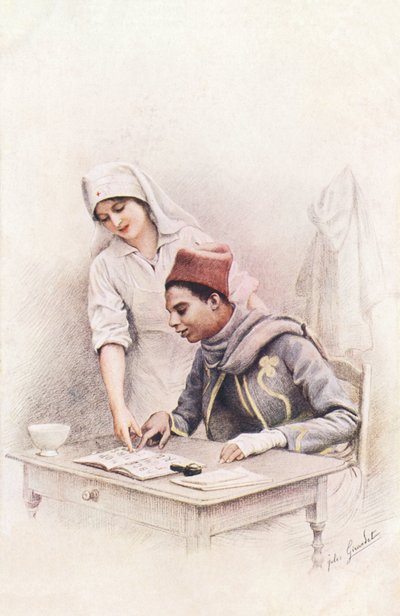 Leçon de lecture. Carte postale de « La Guerre des Nations » représentant une infirmière de la Croix-Rouge apprenant à lire à un cordonnier sénégalais - Jules Girardet