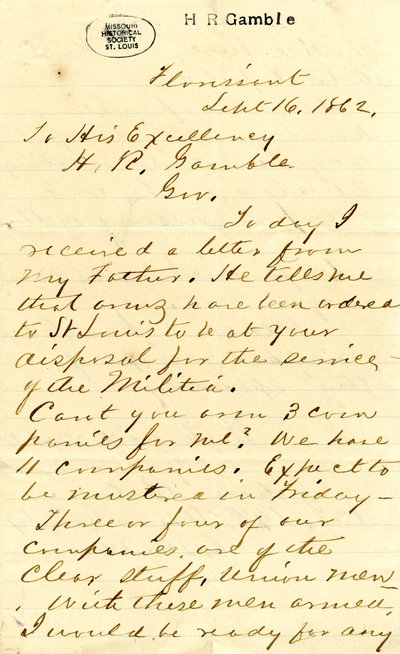 Lettre signée Julian Bates, Florissant, à Son Excellence H.R. Gamble, 16 septembre 1862 - Julian Bates