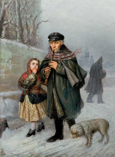 Clarinettiste - Scène de rue à Saint-Pétersbourg (clarinettiste mendiant avec fille et chien). - Julian Bończa Tomaszewski