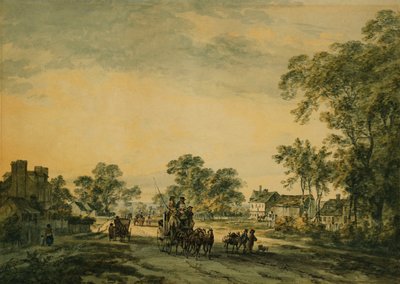 Un carrosse et des figures sur une route de campagne ouverte - Julius Caesar Ibbetson