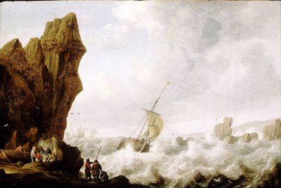 Un bateau de pêche à deux mâts (hooker) dans une mer agitée, coincé dans un passage entouré d