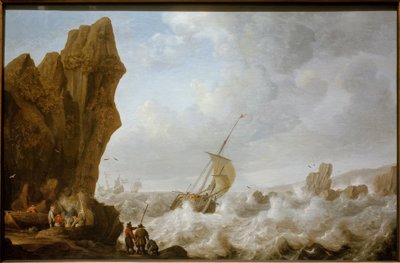 Bateau de pêche en mer agitée devant une côte rocheuse - Julius Porcellis
