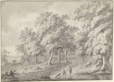 Paysage avec mère et enfant traversant une mare avec un chien - Jurriaan Andriessen (possibly)