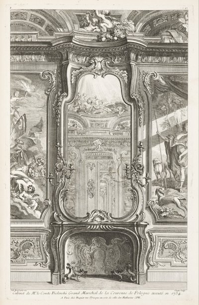 Cabinet de Mr. le Comte Bielenski Grand Marechal de la Couronne de Pologne executé en 1734; Chiminée avec glace, avec de chaque côté une partie du lambris d