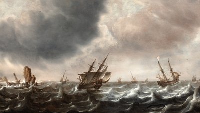 Navires dans une mer agitée avec une baleine au premier plan - Justus de Verwer