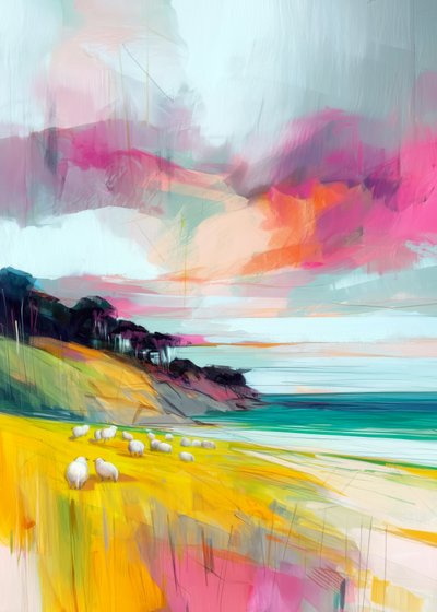Paysage avec des moutons colorés - Justyna Jaszke