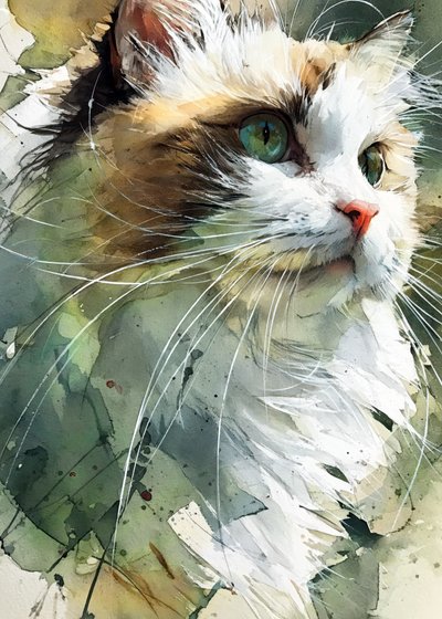 Aquarelle représentant un félin aux yeux verts - Justyna Jaszke