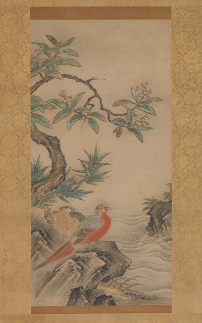 Faisans parmi les arbres : Fleurs des quatre saisons - Kano Shoei
