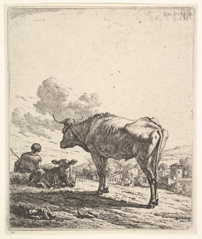 Vacher avec vache et veau sur une colline, le vacher vu de dos et assis - Karel Du Jardin