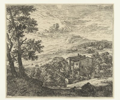 Paysage vallonné avec maisons, âne et deux moutons - Karel Du Jardin