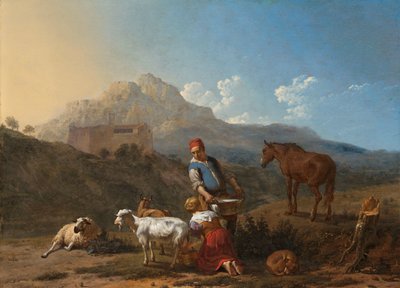 Paysage italien avec fille trayant une chèvre - Karel Du Jardin