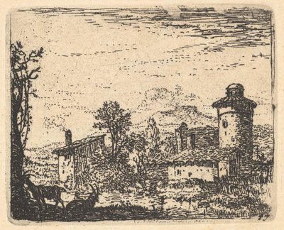 Paysage avec deux chèvres cornues à l