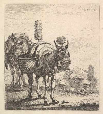 Deux Mules portant des Paniers et Équipées de Œillères, Plumes et Glands - Karel Du Jardin