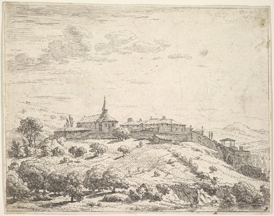 Village fortifié sur une colline, avec une église à gauche et des bâtiments construits sur la pente..., 1658 - Karel Du Jardin