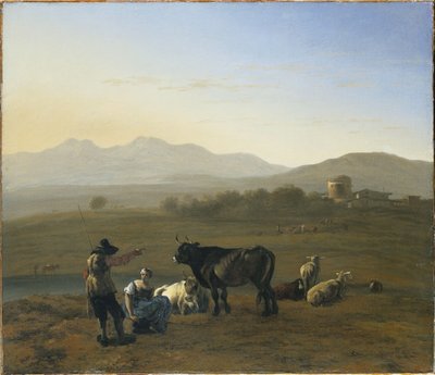 Un paysage étendu dans la campagne romaine, avec du bétail et des bergers, 1975 - Karel Dujardin