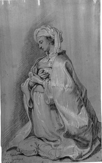 Figure agenouillée sur un coussin avec turban. Tournée vers la gauche. Mains croisées sur la poitrine. - Karel van III Mander