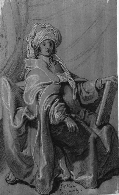 Figure assise en cape et turban, tenant un livre. Tournée vers la droite. - Karel van III Mander