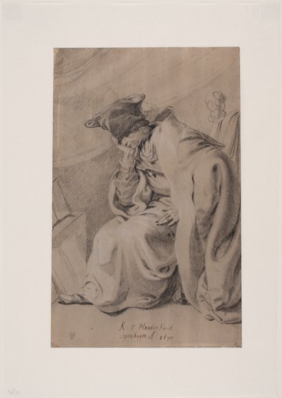 Jeune homme pensif assis avec la main sous la joue. Cape et bonnet de fourrure - Karel van III Mander