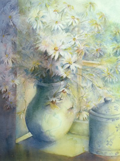 Asters - Snowsprite dans un pichet sur le rebord de la fenêtre - Karen Armitage