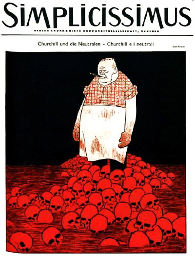 La couverture du magazine allemand Simplicissimus (circa ) représente Churchill et une rivière de sang et de crânes. c.1940 (lithographie) - Karl Arnold
