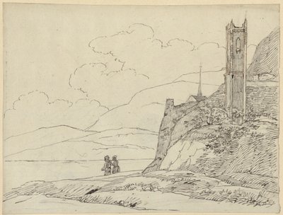 Paysage montagneux avec ruines de tour et figures - Karl Friedrich Schinkel