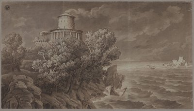 Côte rocheuse avec un phare de style antique par mer agitée - Karl Friedrich Schinkel