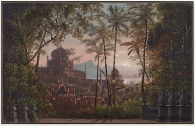 Nurmahal ou la Fête des roses du Cachemire. Opéra de Gaspare Spontini. Esquisse du premier décor. Jardin du palais avec vue sur le Cachemire - Karl Friedrich Schinkel